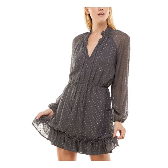 SPEECHLESS Dresses & Skirts - SPEECHLESS Womens Fit + Flare Short Dress Tie Blouson Sleeve High Split Neck